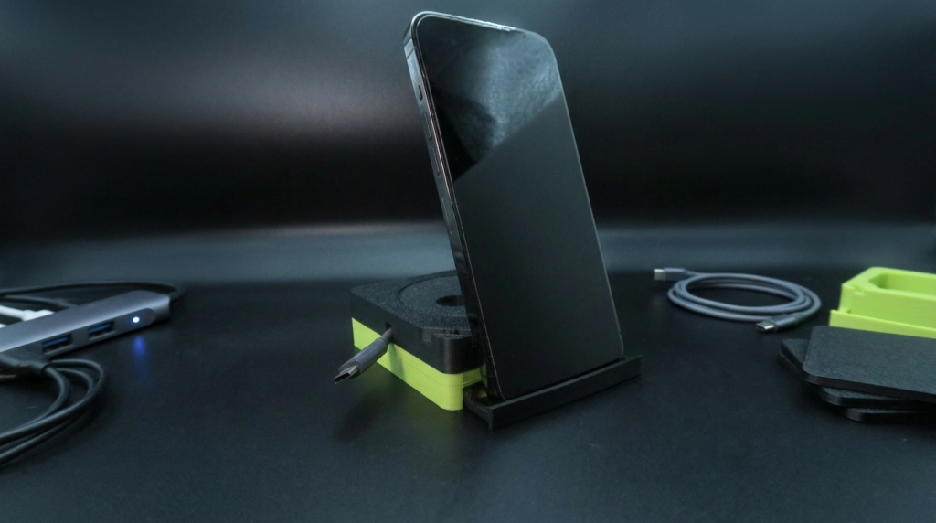 CORDGANIZER phone stand and cable organizer - lifestyle desk scene with phone docked