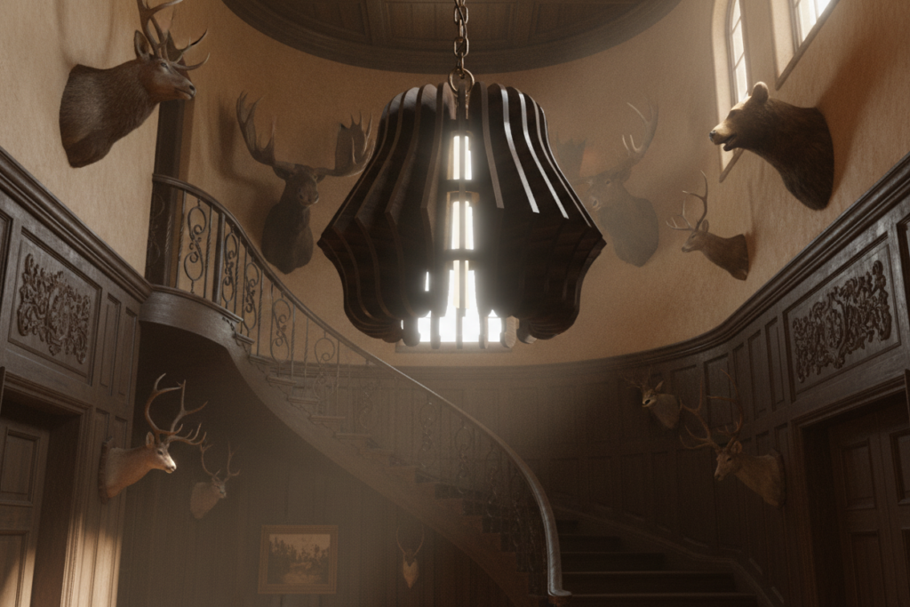 IMOLE wood pendant light - lifestyle scene in a grand staircase hall with mounted animal heads