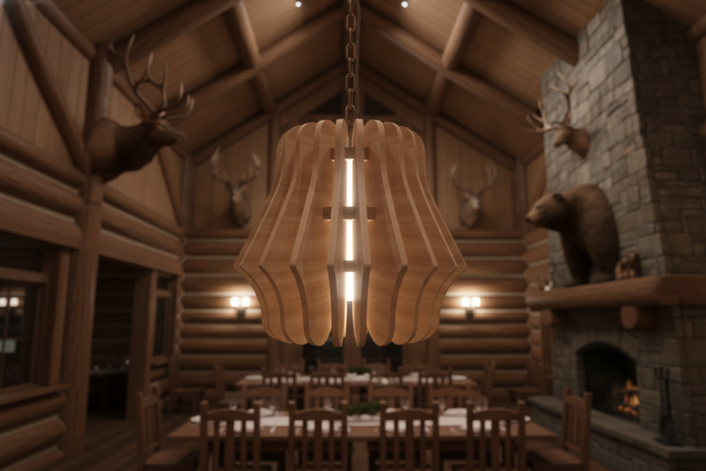 IMOLE wood pendant light - lifestyle scene in a log cabin dining hall