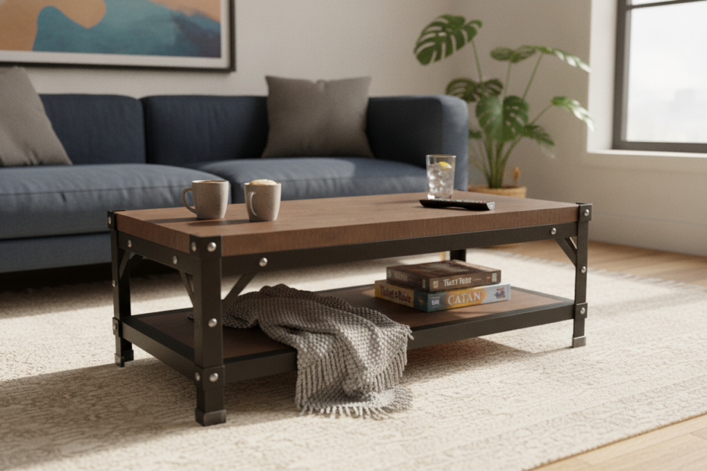 KOFI coffee table - scene render, living room with blue sofa