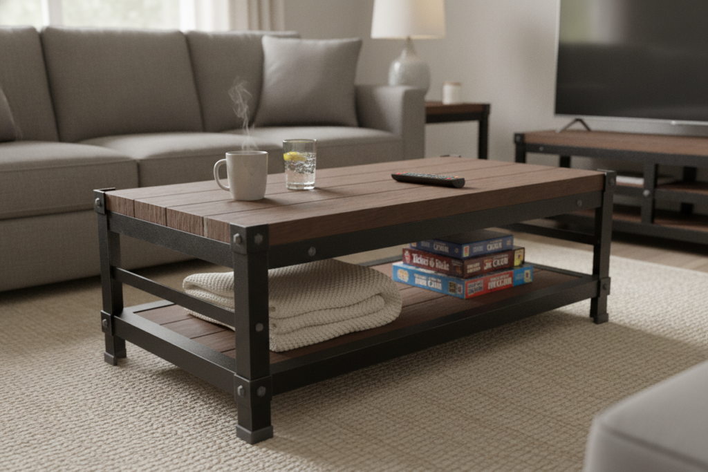KOFI coffee table - scene render, living room with grey sofa and TV stand