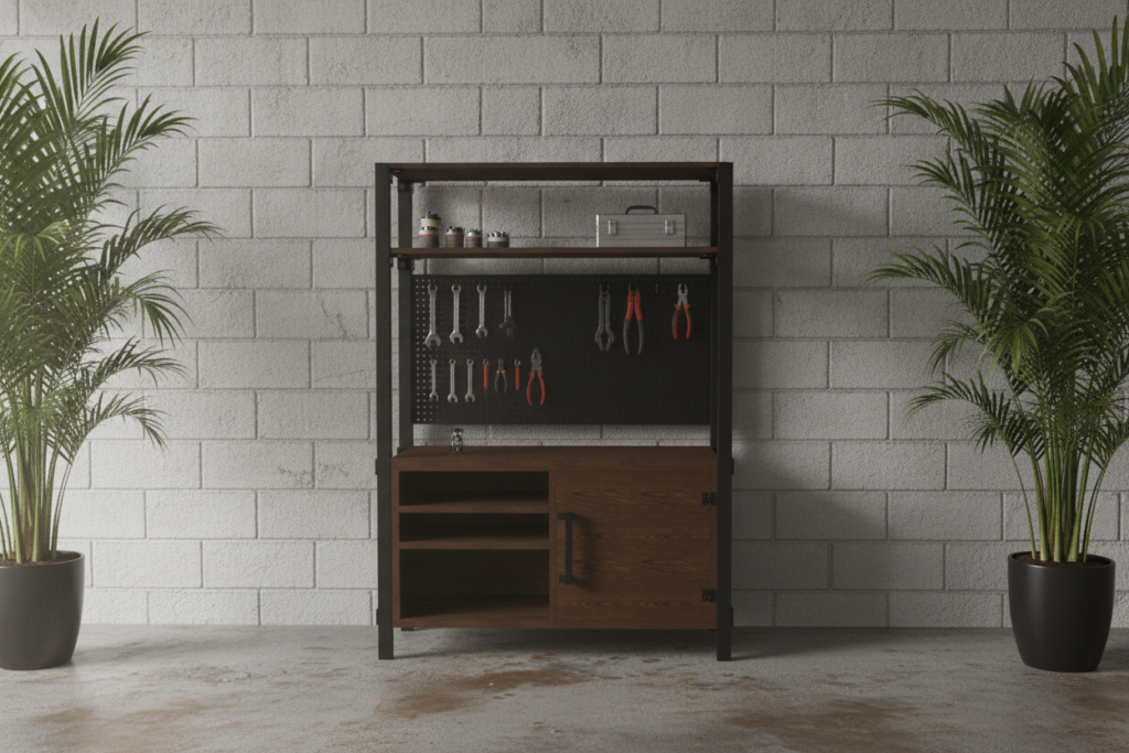 OLUSE maker storage shelf - scene render, tool wall with pegboard