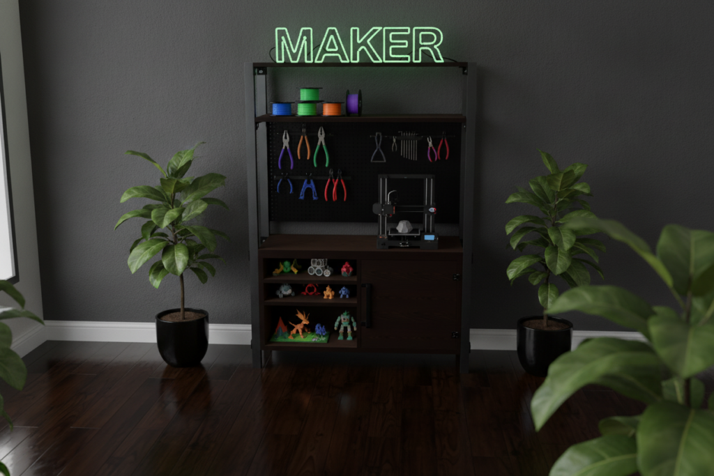 OLUSE maker storage shelf - scene render with 3D printer and neon MAKER sign