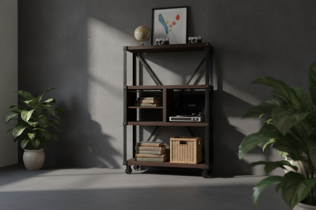 WAINI shelving unit - lifestyle scene with turntable and books, dark wall