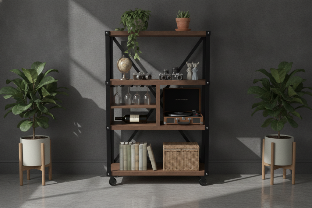 WAINI shelving unit - lifestyle scene with plants, wine, and books, dark wall